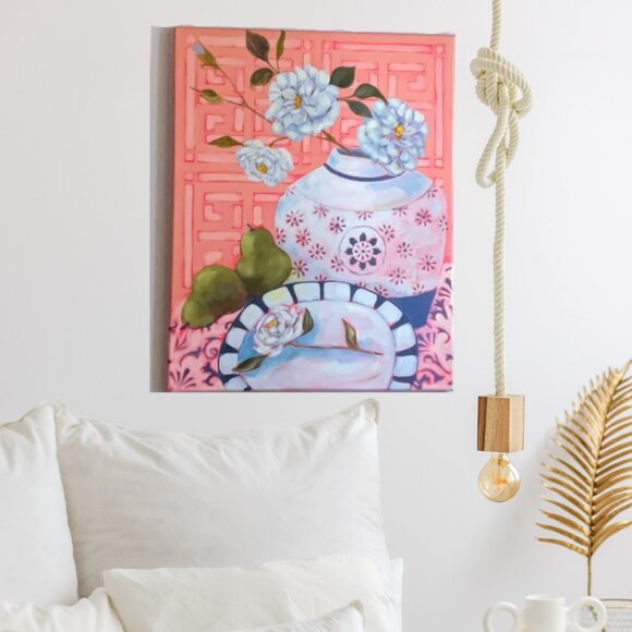Handmade Other - White Roses and Green Pears Original Acrylic Still Life Painting on Canvas
